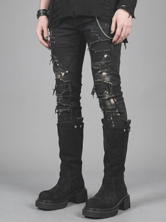 Other - Black Suede Knee Mens Size 8 High Boots With Chunky Sole & Stacked Heel Rocker